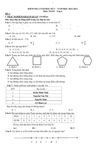 11 Đề kiểm tra cuối học kì I môn Toán Lớp 6 - Sách Cánh diều - Năm học 2022-2023