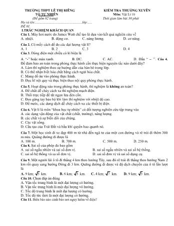2 Đề kiểm tra thường xuyên môn Vật lí Lớp 10 - Trường THPT Lê Thị Riêng