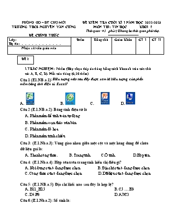 Đề kiểm tra cuối học kì I môn Tin học Lớp 7 - Sách Cánh diều - Năm học 2022-2023 - Trường THCS Nguyễn Văn Cưng (Có đáp án)