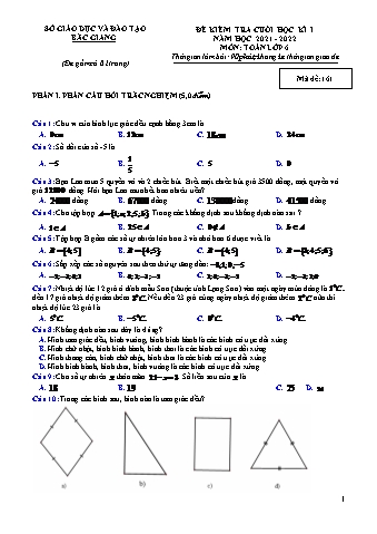 Đề kiểm tra cuối học kì I môn Toán Lớp 6 - Sách Cánh diều - Mã 161 - Năm học 2021-2022 - Sở GD và ĐT Bắc Giang (Có đáp án)