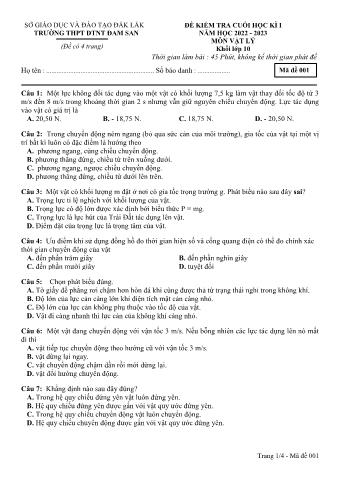 Đề kiểm tra cuối học kì I môn Vật lí Lớp 10 - Mã đề 001 - Năm học 2022-2023 - Trường THPT DTNT Đam San