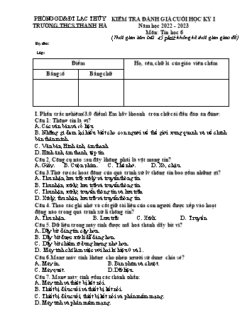 Đề kiểm tra đánh giá cuối học kì I môn Tin học Lớp 6 - Sách Cánh diều - Năm học 2022-2023 - Trường THCS Thanh Hà (Có đáp án)