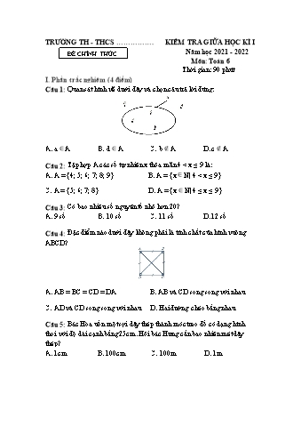 Đề kiểm tra giữa học kì I môn Toán Lớp 6 - Sách Cánh diều - Năm học 2021-2022 (Có đáp án)