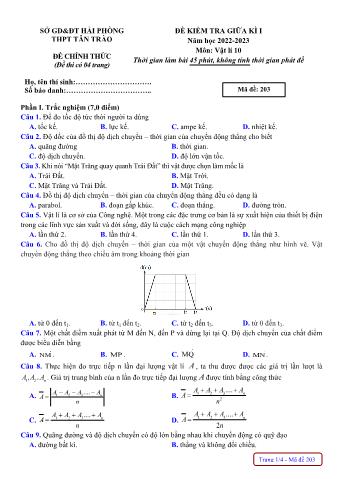 Đề kiểm tra giữa kì I môn Vật lí Lớp 10 - Mã đề 203 - Năm học 2022-2023 - Trường THPT Tân Trào