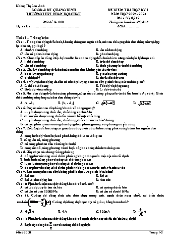 Đề kiểm tra học kì I môn Vật lí Lớp 12 - Mã đề 000 - Năm học 2022-2023 - Trường THPT Phan Bội Châu