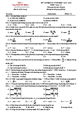 Đề ôn tập học kì I môn Vật lí Lớp 12 - Mã đề 121 - Năm học 2022-2023