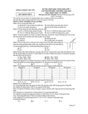 Đề thi chọn học sinh giỏi cấp Thành phố môn Khoa học tự nhiên Lớp 7 - Năm học 2022-2023 - Phòng GD và ĐT Việt Trì (Có đáp án)