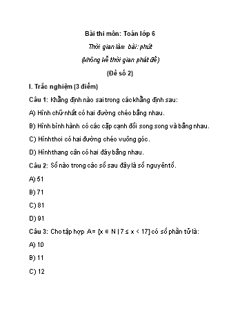 Đề thi học kì I môn Toán Lớp 6 - Sách Cánh diều - Đề số 2