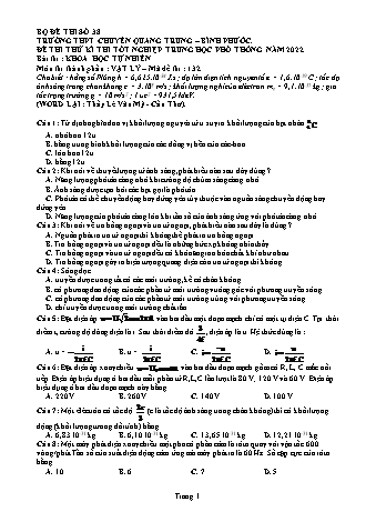 Đề thi thử Tốt nghiệp THPT môn Vật lí năm 2022 - Mã đề 132 - Lê Văn Mỹ