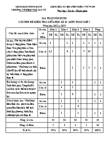 Đề kiểm giữa học kì II Toán Lớp 5 - Năm học 2022-2023 - Trường Tiểu học Ngô Gia Tự (Có đáp án + Ma trận)