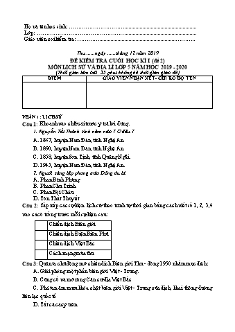 Đề kiểm tra cuối học kì I Lịch sử và Địa lí 5 - Đề 2 - Năm học 2019-2020 (Có đáp án + Ma trận)