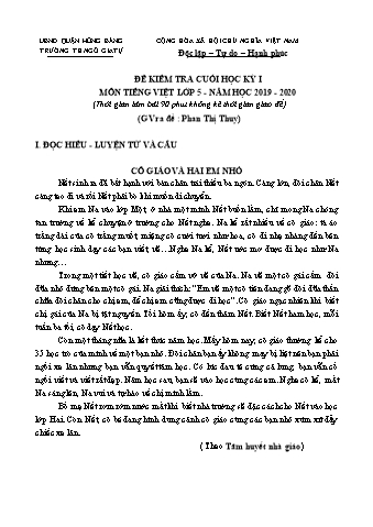Đề kiểm tra cuối học kì I Tiếng Việt 5 - Năm học 2019-2020 - Trường Tiểu học Ngô Gia Tự (Có đáp án + Ma trận)