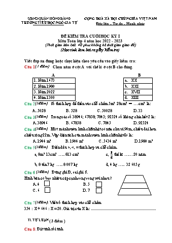 Đề kiểm tra cuối học kì I Toán 4 - Đề 1 - Năm học 2022-2023 - Trường Tiểu học Ngô Gia Tự (Có đáp án + Ma trận)