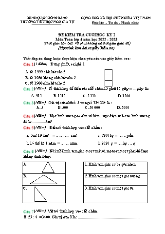 Đề kiểm tra cuối học kì I Toán 4 - Đề 2 - Năm học 2022-2023 - Trường Tiểu học Ngô Gia Tự (Có đáp án + Ma trận)