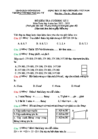 Đề kiểm tra cuối học kì I Toán 4 - Đề 3 - Năm học 2022-2023 - Trường Tiểu học Ngô Gia Tự (Có đáp án + Ma trận)