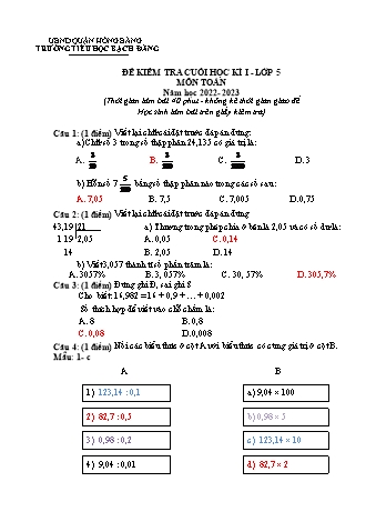 Đề kiểm tra cuối học kì I Toán 5 - Năm học 2022-2023 - Trường Tiểu học Bạch Đằng (Có đáp án)