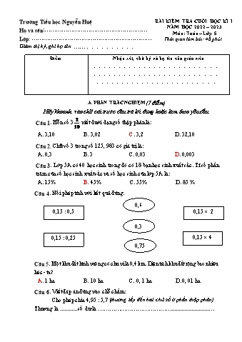 Đề kiểm tra cuối học kì I Toán 5 - Năm học 2022-2023 - Trường Tiểu học Nguyễn Huệ (Có đáp án)
