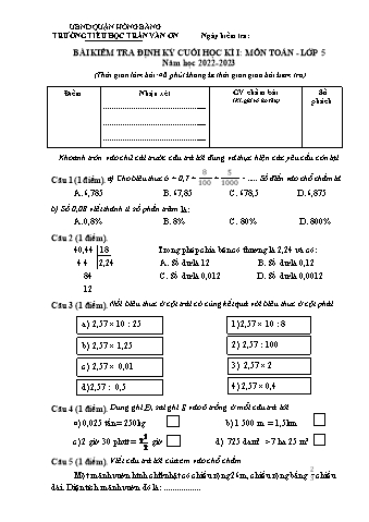 Đề kiểm tra cuối học kì I Toán 5 - Năm học 2022-2023 - Trường Tiểu học Trần Văn Ơn (Có đáp án)