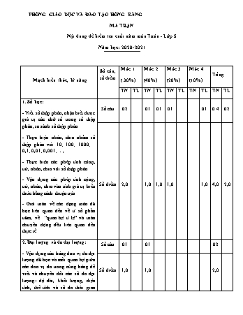 Đề kiểm tra cuối học kì II môn Toán Lớp 5 - Năm học 2020-2021 - Trường Tiểu học Ngô Gia Tự (Có đáp án + Ma trận)