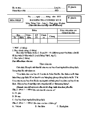 Đề kiểm tra cuối học kì II Tiếng Việt 1 - Năm học 2021-2022 - Trường Tiểu học Ngô Gia Tự (Có đáp án)