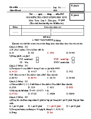 Đề kiểm tra cuối học kì II Toán 3 - Đề 1 - Năm học 2020-2021 (Có đáp án + Ma trận)