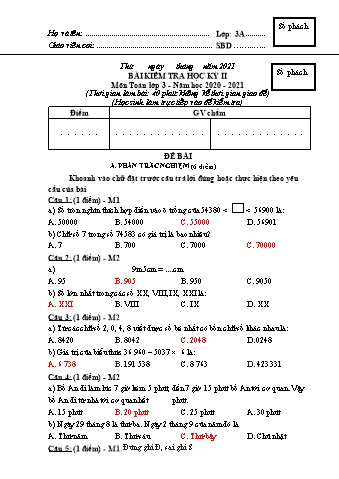 Đề kiểm tra cuối học kì II Toán 3 - Đề 2 - Năm học 2020-2021 (Có đáp án + Ma trận)