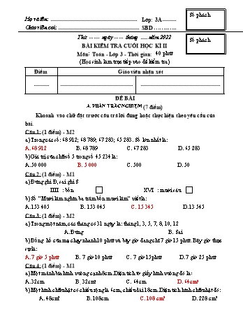 Đề kiểm tra cuối học kì II Toán 3 - Đề số 2 - Năm học 2021-2022 - Trường Tiểu học Ngô Gia Tự (Có đáp án + Ma trận)