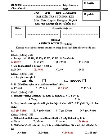 Đề kiểm tra cuối học kì II Toán 3 - Năm học 2020-2021 (Có đáp án + Ma trận)