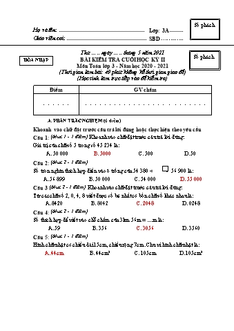 Đề kiểm tra cuối học kì II Toán 3 - Năm học 2020-2021 - Trường Tiểu học Ngô Gia Tự (Có đáp án)