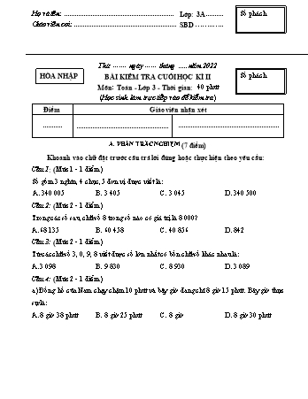 Đề kiểm tra cuối học kì II Toán 3 - Năm học 2021-2022 - Trường Tiểu học Ngô Gia Tự (Có đáp án)