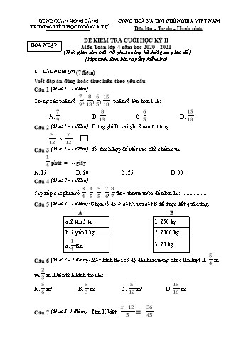 Đề kiểm tra cuối học kì II Toán 4 - Năm học 2020-2021 - Trường Tiểu học Ngô Gia Tự (Có đáp án)