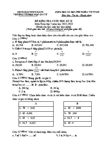 Đề kiểm tra cuối học kì II Toán 5 - Năm học 2022-2023 - Trường Tiểu học Ngô Gia Tự (Có đáp án + Ma trận)