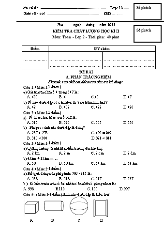 Đề kiểm tra cuối học kì II Toán Lớp 2 - Năm học 2021-2022 - Trường Tiểu học Ngô Gia Tự (Có đáp án + Ma trận)