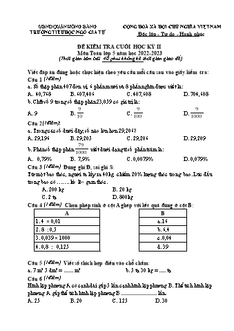 Đề kiểm tra cuối học kì II Toán Lớp 5 - Năm học 2022-2023 - Trường Tiểu học Ngô Gia Tự (Có đáp án + Ma trận)