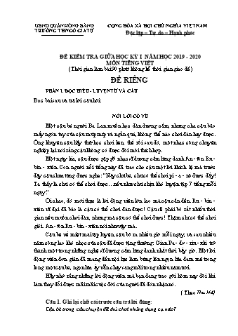Đề kiểm tra giữa học kì I Tiếng Việt 4 - Năm học 2019-2020 - Trường Tiểu học Ngô Gia Tự (Có đáp án + Ma trận)