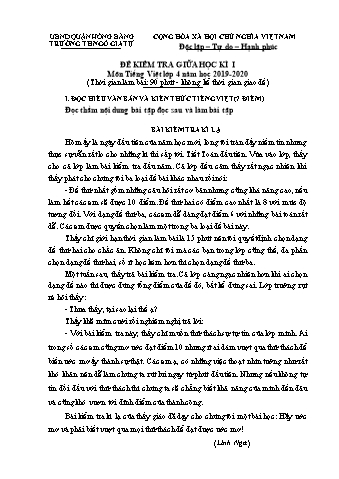 Đề kiểm tra giữa học kì I Tiếng Việt Lớp 4 - Năm học 2019-2020 - Trường Tiểu học Ngô Gia Tự (Có đáp án + Ma trận)