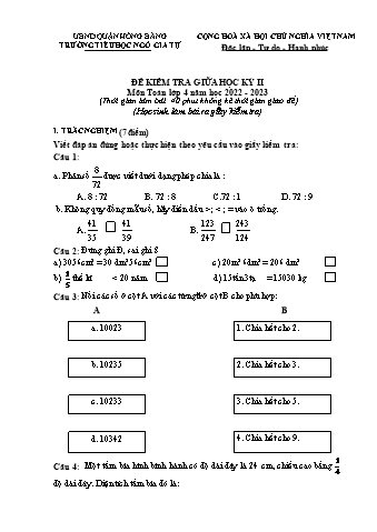Đề kiểm tra giữa học kì II môn Toán 4 - Năm học 2022-2023 - Trường Tiểu học Ngô Gia Tự (Có đáp án + Ma trận)