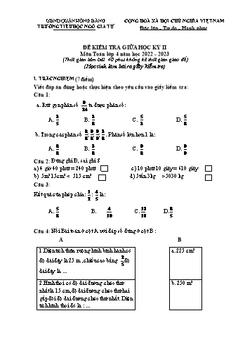 Đề kiểm tra giữa học kì II môn Toán Lớp 4 - Năm học 2022-2023 - Trường Tiểu học Ngô Gia Tự (Có đáp án + Ma trận)