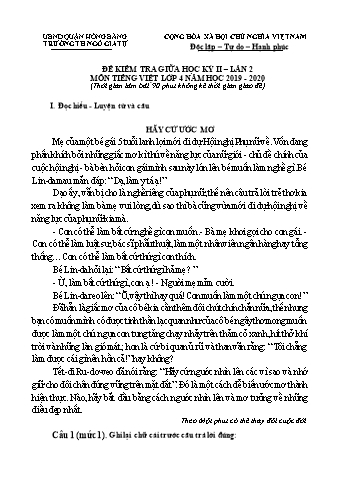 Đề kiểm tra giữa học kì II Tiếng Việt 4 - Lần 2 - Năm học 2019-2020 - Trường Tiểu học Ngô Gia Tự (Có đáp án + Ma trận)