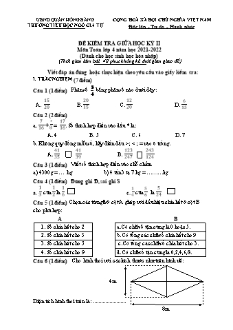 Đề kiểm tra giữa học kì II Toán 4 - Năm học 2021-2022 - Trường Tiểu học Ngô Gia Tự (Có đáp án)