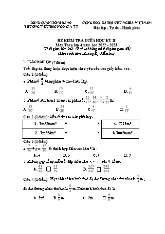 Đề kiểm tra giữa học kì II Toán 4 - Năm học 2022-2023 - Trường Tiểu học Ngô Gia Tự (Có đáp án + Ma trận)