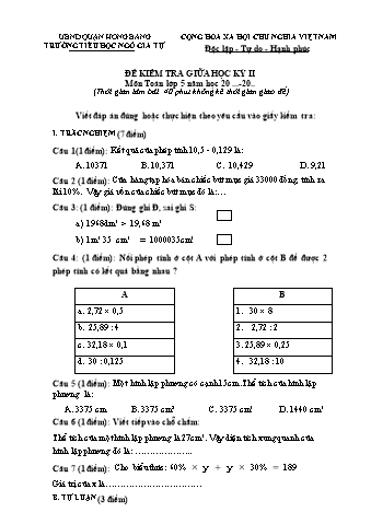 Đề kiểm tra giữa học kì II Toán 5 - Năm học 2021-2022 - Trường Tiểu học Ngô Gia Tự (Có đáp án + Ma trận)