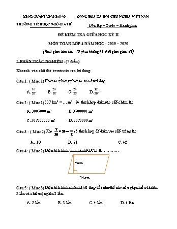 Đề kiểm tra giữa học kì II Toán Lớp 4 - Năm học 2019-2020 - Trường Tiêu học Ngô Gia Tự (Có đáp án)