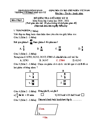 Đề kiểm tra giữa học kì II Toán Lớp 4 - Năm học 2020-2021 - Trường Tiểu học Ngô Gia Tự (Có đáp án)