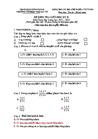 Đề kiểm tra giữa học kì II Toán Lớp 4 - Năm học 2022-2023 - Trường Tiểu học Ngô Gia Tự (Có đáp án + Ma trận)