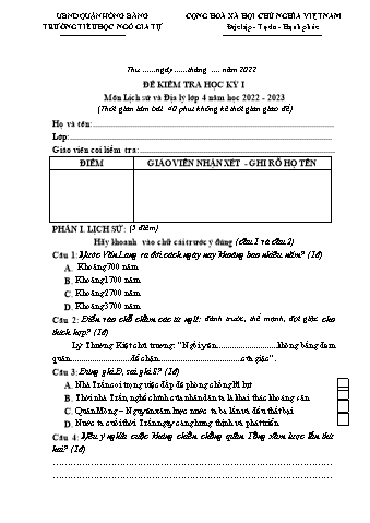 Đề kiểm tra học kì I Lịch sử và Địa lí 4 - Đề 1 - Năm học 2022-2023 - Trường Tiểu học Ngô Gia Tự (Có đáp án)