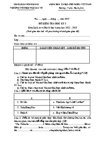 Đề kiểm tra học kì I Lịch sử và Địa lí 4 - Đề 2 - Năm học 2022-2023 - Trường Tiểu học Ngô Gia Tự (Có đáp án)