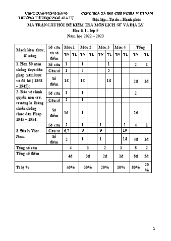 Đề kiểm tra học kì I Lịch sử và Địa lí 5 - Đề 2 - Năm học 2022-2023 - Trường Tiểu học Ngô Gia Tự (Có đáp án + Ma trận)
