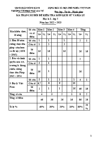 Đề kiểm tra học kì I Lịch sử và Địa lí 5 - Đề 3 - Năm học 2022-2023 - Trường Tiểu học Ngô Gia Tự (Có đáp án + Ma trận)