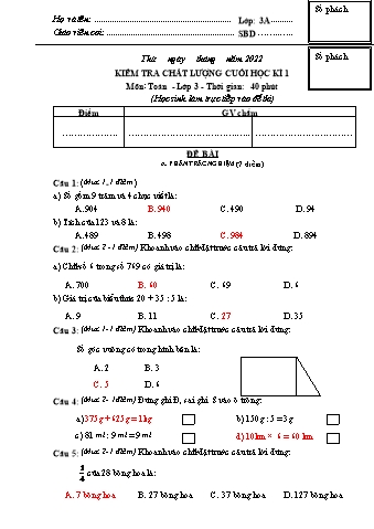 Đề kiểm tra học kì I môn Toán 3 - Năm học 2022-2023 - Trường Tiểu học Ngô Gia Tự (Có đáp án)